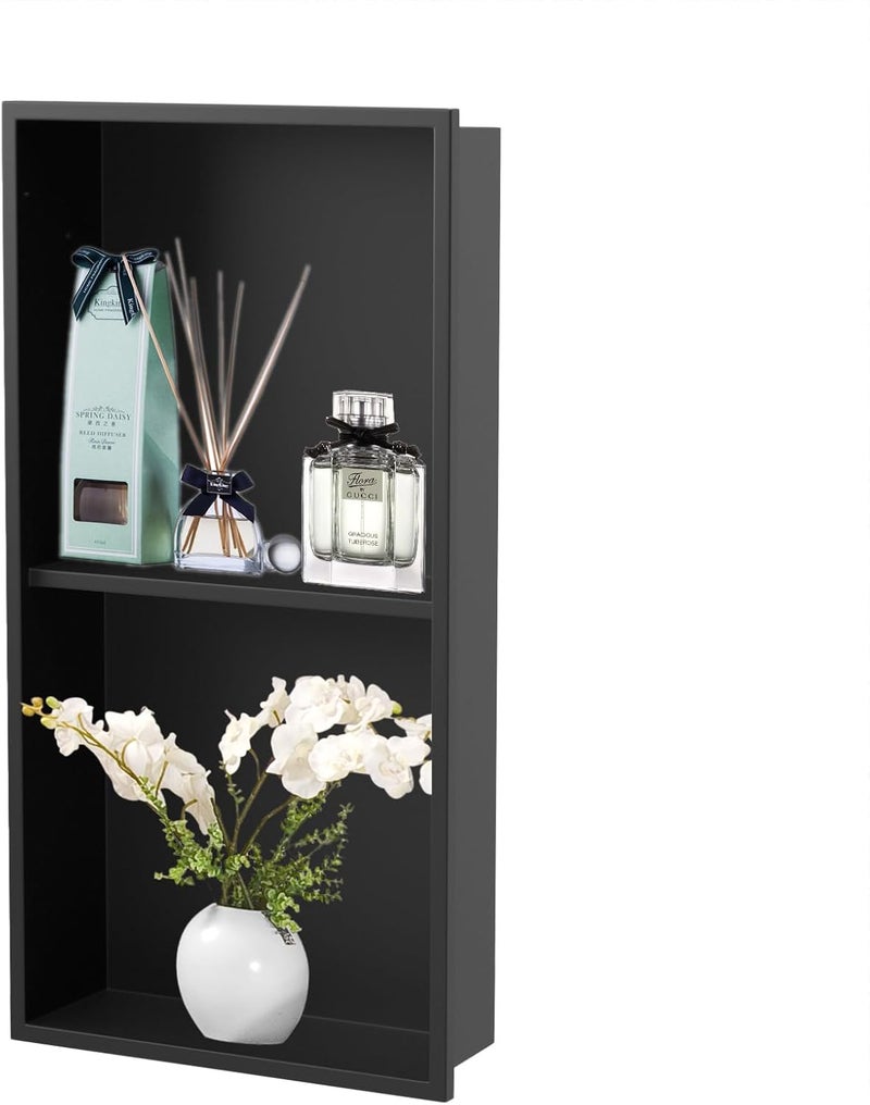 Homevacious 12"×24" Stainless Steel Shower Niche No Tile Needed Matte Black Double Shelves Bathroom Niche Shelf Rimless Recessed Wall Niche for Bathroom Storage - Image 1